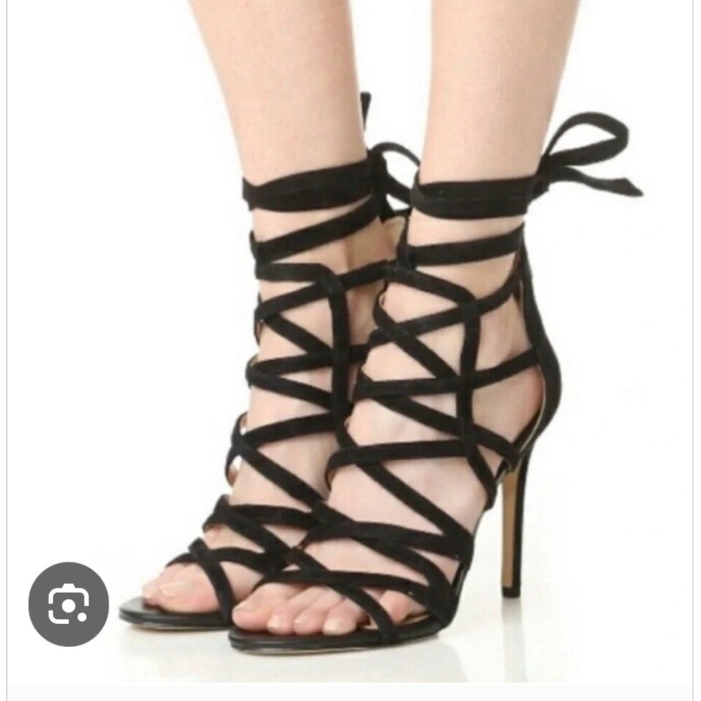 Sam Edelman Alba Strappy Lace Up‎ Heels Women 8.5 Black Suede Stiletto Sandals